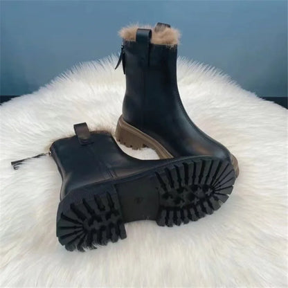 Platform Ankle Boot in Leather and Faux Fur
