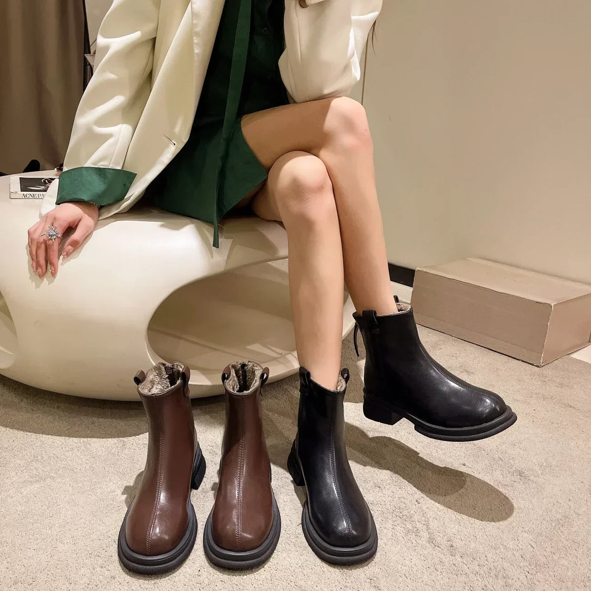 Leather Ankle Boot with Faux Fur Lining