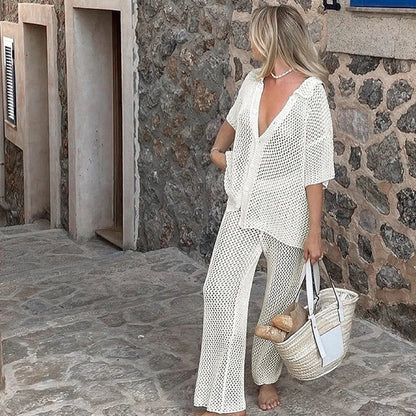 Malu Beach Set: Loose Knit Cover-Up & Hollow-Out Pants