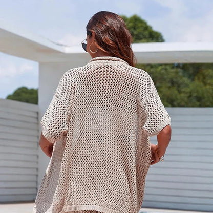 Malu Beach Set: Loose Knit Cover-Up & Hollow-Out Pants