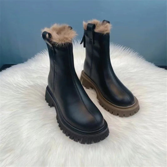 Platform Ankle Boot in Leather and Faux Fur
