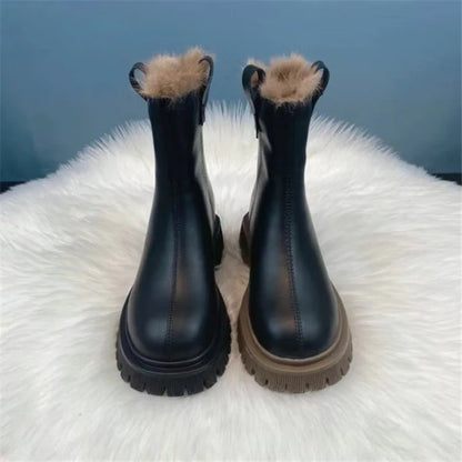 Platform Ankle Boot in Leather and Faux Fur