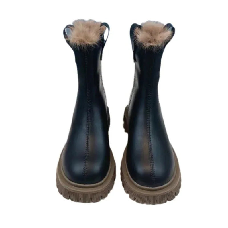 Platform Ankle Boot in Leather and Faux Fur