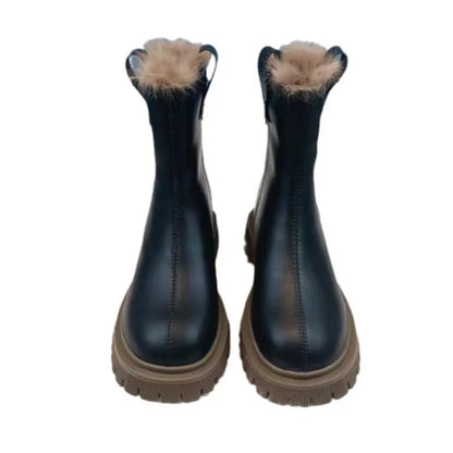 Platform Ankle Boot in Leather and Faux Fur